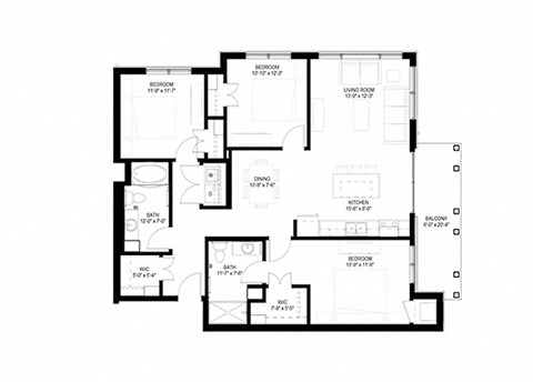 Floor plan for 3 beds, 2 baths, 1327 sqft